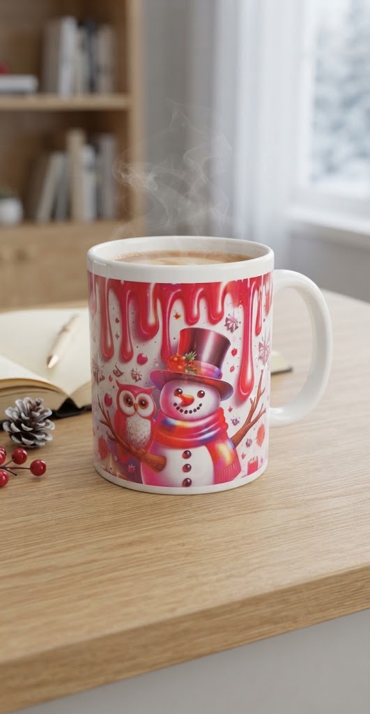 Mug Céramique - Collection "Bonhomme de Neige et Chouette" (Édition Hivernale)
